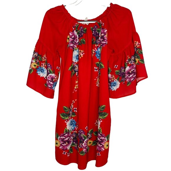 Umgee Red Floral Peasant Dress Small Boho Bell Sleeve Cottagecore - Picture 1 of 12